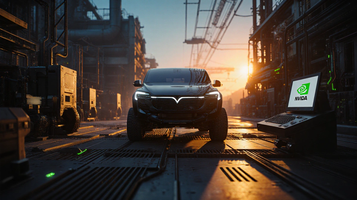 Tesla Cybertruck parked in futuristic factory with glowing machinery and Nvidia logo on console