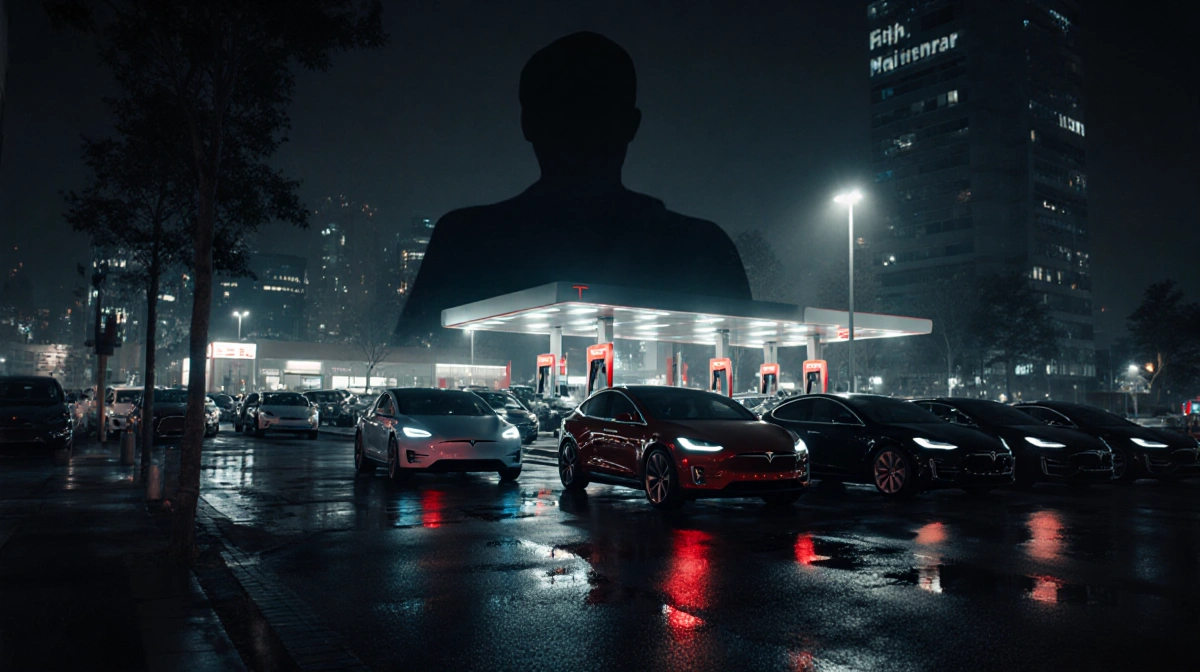 Tesla models stand out with dim lights among bright EVs on crowded city street and a looming shadow.