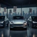 Tesla electric vehicles park side by side with a warm glow in a futuristic dealership against a cityscape