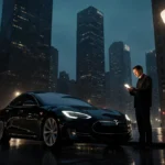 Person checking phone beside Tesla Model S with city skyline reflecting on wet pavement