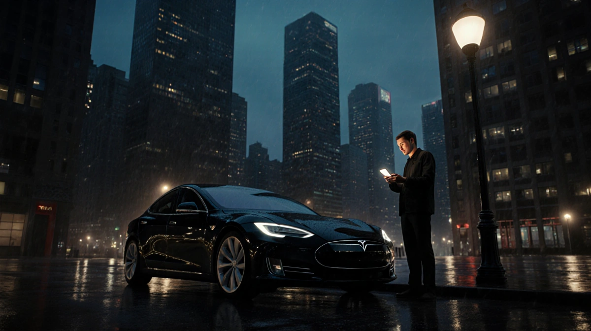 Person checking phone beside Tesla Model S with city skyline reflecting on wet pavement