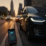 Tesla Model X dashboard glows with FSD logo while smartphone shows subscription plan in futuristic city dusk