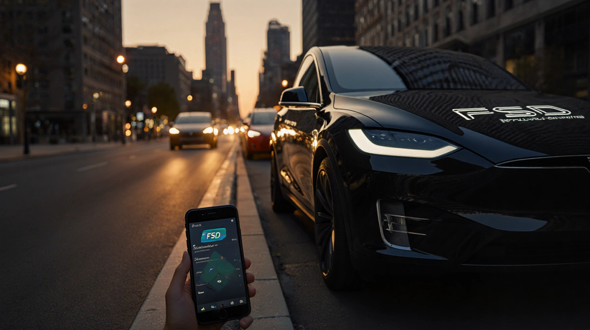 Tesla Model X dashboard glows with FSD logo while smartphone shows subscription plan in futuristic city dusk