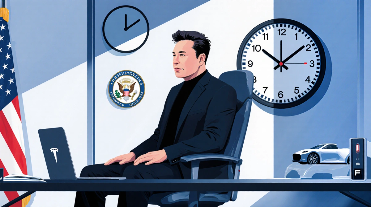 Empty chair symbolizing departure with ticking Time's Up clock and fading American flag in electric vehicle office