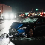 Tesla crashed into semi-truck on 210 Freeway at night with police flashlight illuminating wreckage and emergency lights glowi