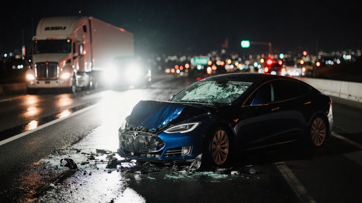 Tesla crashed into semi-truck on 210 Freeway at night with police flashlight illuminating wreckage and emergency lights glowi