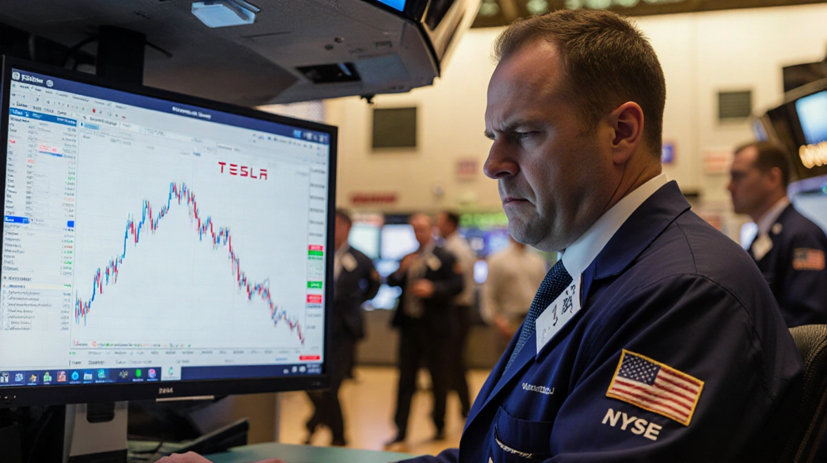 Trader staring at Tesla stock crash on flickering screen with worried investors and golden shadows