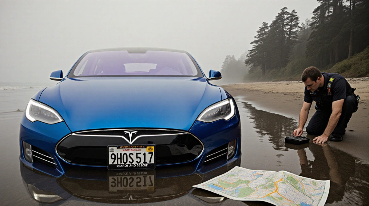 Search and rescue team examining Tesla license plate 9HOS517 on beach with submerged blue Tesla visible in water and Armstron