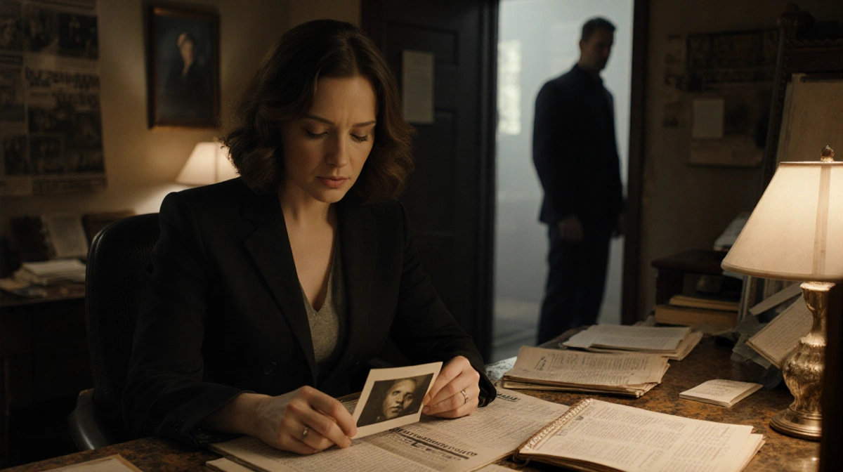 Tessa Thompson studies crime scene photo at cluttered desk with Jack Harper watching from doorway