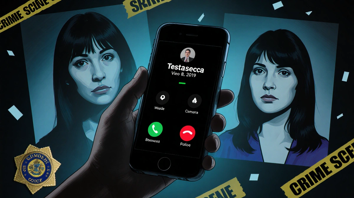Smartphone screen shows incoming call from Testasecca with ghostly female silhouettes and crime scene tape