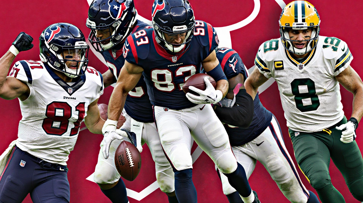 Texans defensive players celebrating victory with Aaron Rodgers looking dejected in the background