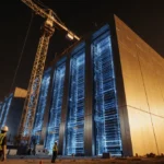 Construction workers installing servers in futuristic Texas data center with golden exterior lights and blue LED interior