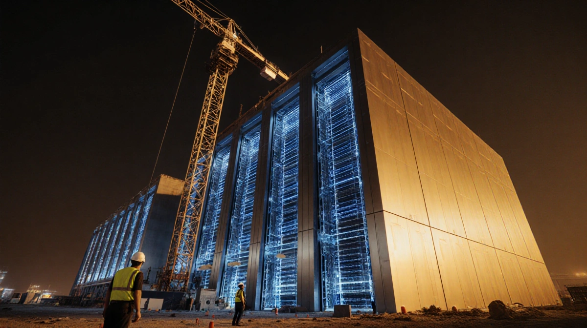 Construction workers installing servers in futuristic Texas data center with golden exterior lights and blue LED interior