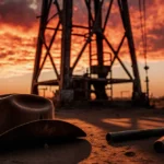 Oil derrick stands tall at sunset with abandoned cowboy hat and tools on dusty ground showing harsh oil industry realities