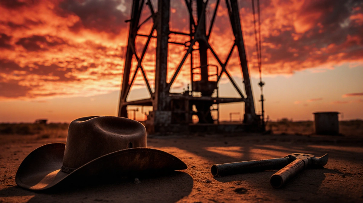 Oil derrick stands tall at sunset with abandoned cowboy hat and tools on dusty ground showing harsh oil industry realities