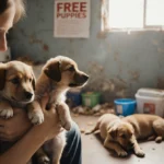 Texas shelter volunteer cradling a shivering puppy with two more puppies peeking behind her and a Free Puppies sign on the wa