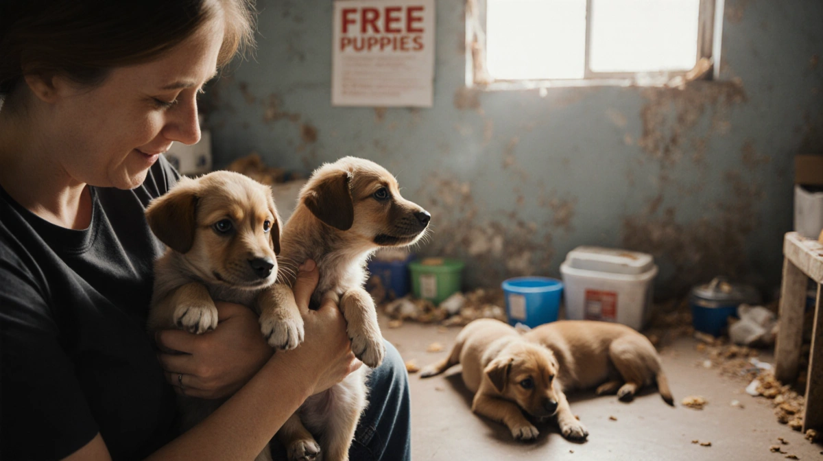 Texas shelter volunteer cradling a shivering puppy with two more puppies peeking behind her and a Free Puppies sign on the wa