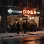 Bundled Texans huddle outside snowy Texas coffee shop with neon sign glowing on frosted pavement