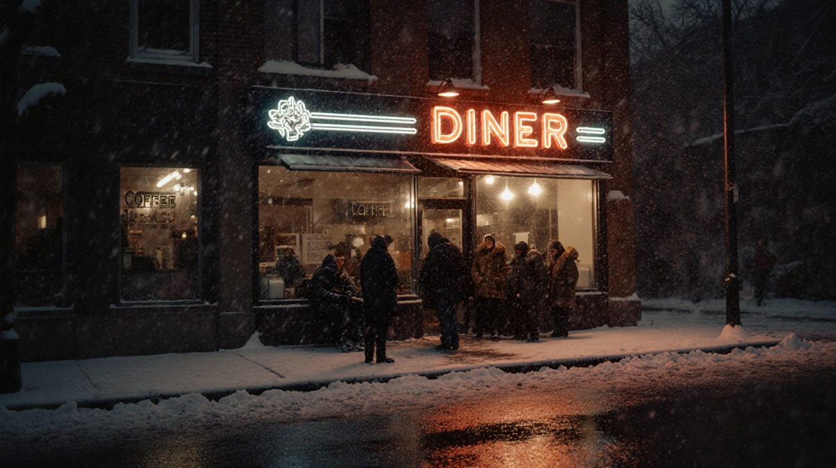 Bundled Texans huddle outside snowy Texas coffee shop with neon sign glowing on frosted pavement