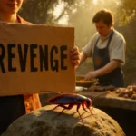 Two people hold a Revenge sign at Texas Zoo with a smiling cockroach on a stone and a zookeeper preparing food in the backgro