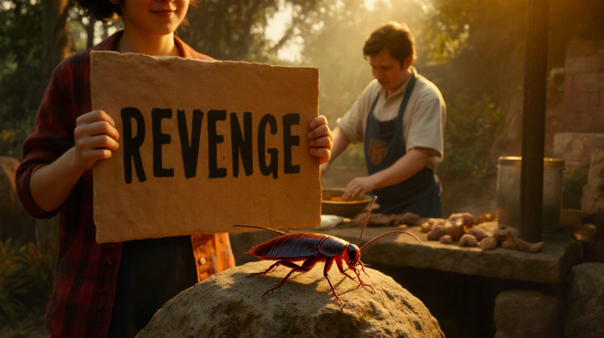 Two people hold a Revenge sign at Texas Zoo with a smiling cockroach on a stone and a zookeeper preparing food in the backgro