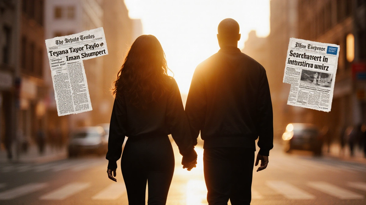 Teyana Taylor and Iman Shumpert walking hand in hand with sunset glow and media headlines visible behind them