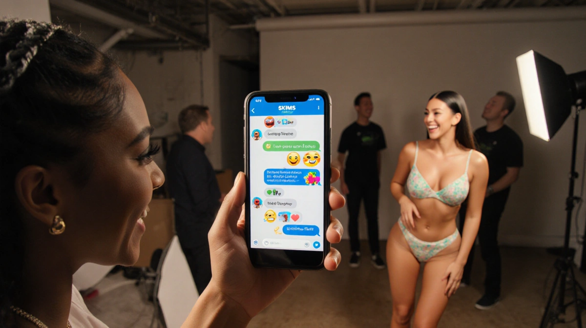 Teyana Taylor and Kim Kardashian laughing together on set while looking at phone screen with SKIMS bras and crew members near