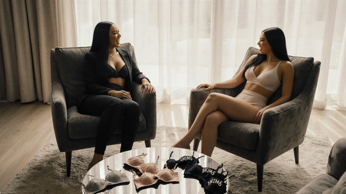 Teyana Taylor and Kim Kardashian lounging in plush chairs with SKIMS bras scattered on coffee table while chatting