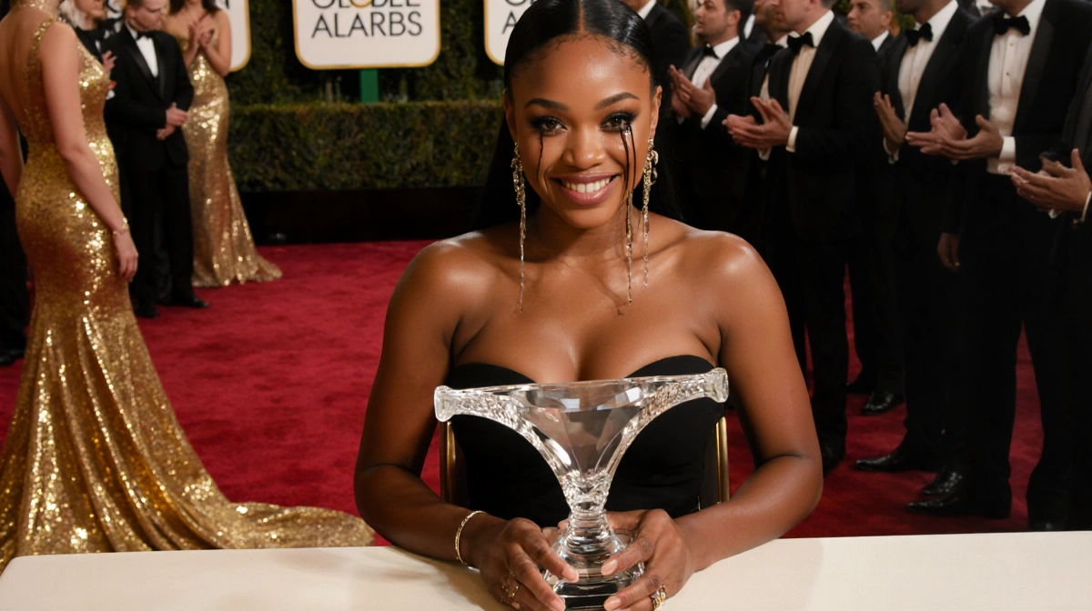 Teyana Taylor holding crystal thong award with tears of joy at Golden Globes ceremony