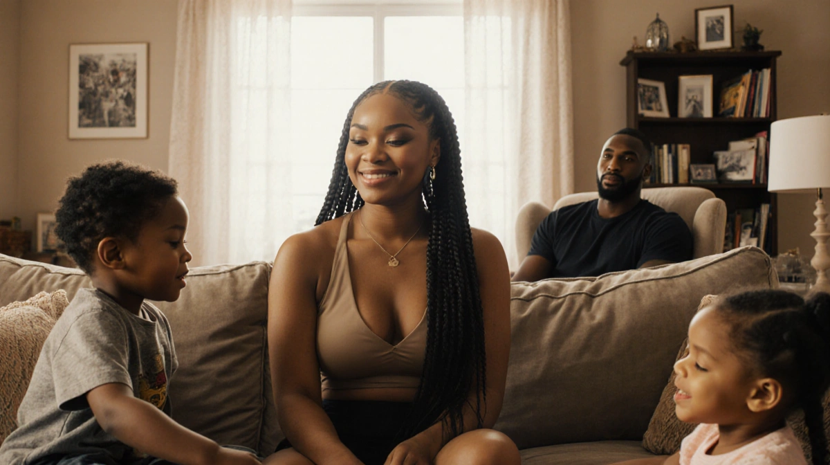 Teyana Taylor sits on couch with her children playing nearby and Iman Shumpert watching from armchair showing peaceful co-par