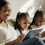 Teyana Taylor smiles with her daughters scrolling on an iPad while sitting on a couch in warm natural light