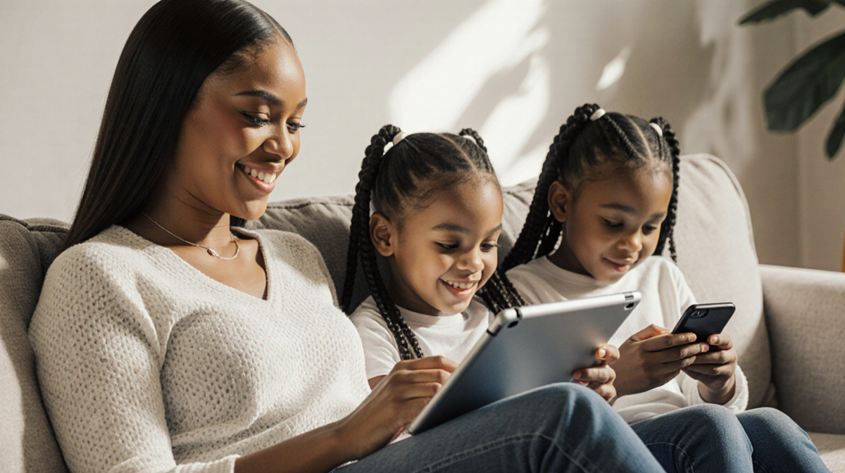 Teyana Taylor smiles with her daughters scrolling on an iPad while sitting on a couch in warm natural light