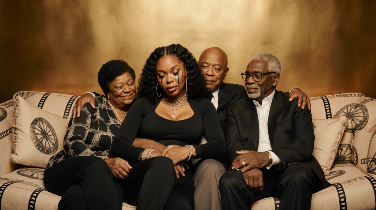 Teyana Taylor tearfully embraces her parents with loved ones surrounding them on cream couch with film reel pattern