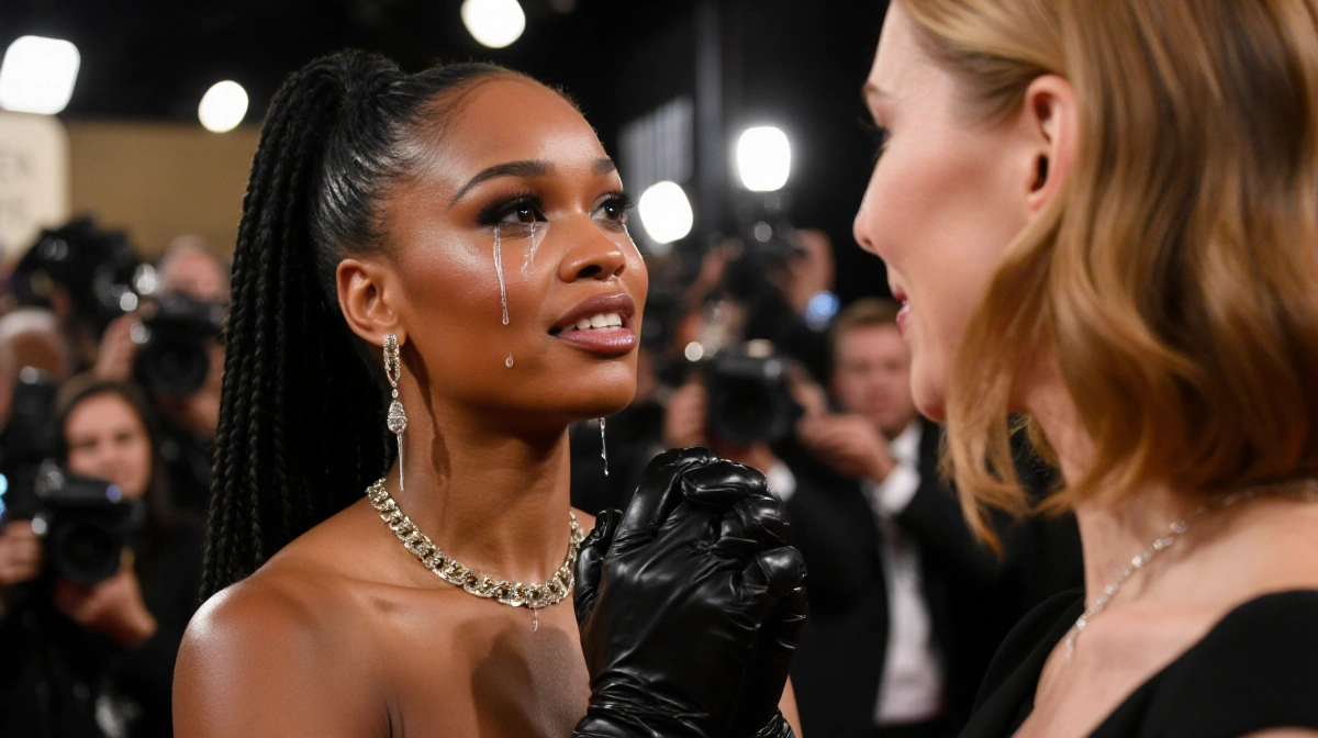 Teyana Taylor crying with tears on her face and hands clasped together while meeting Julia Roberts at Golden Globes