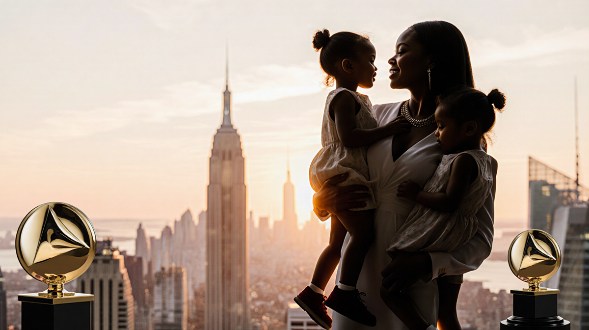 Teyana Taylor holding her two daughters with a sunset city skyline and awards nearby