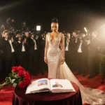 Teyana Taylor poses on red carpet with shimmering gown and open cookbook beside red roses