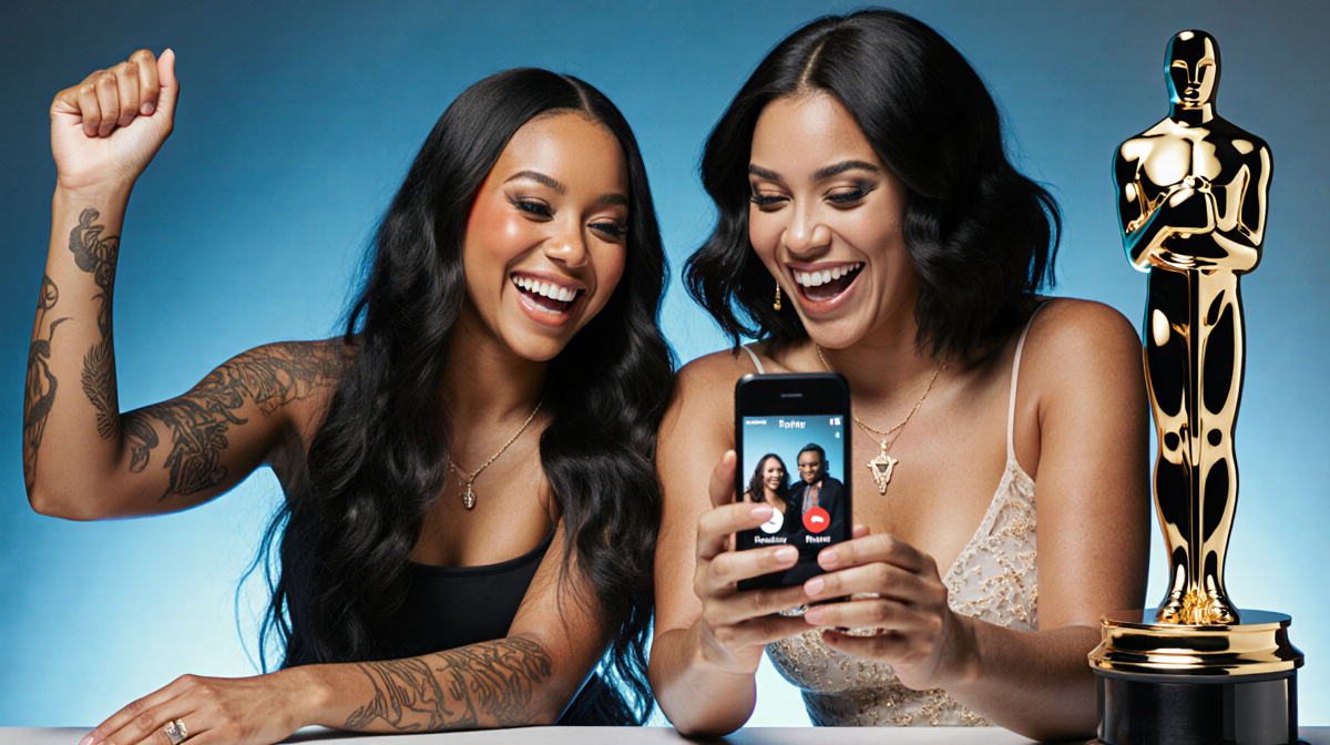 Two women smiling holding phones with FaceTime call and raising hands in celebration against blue gold gradient background