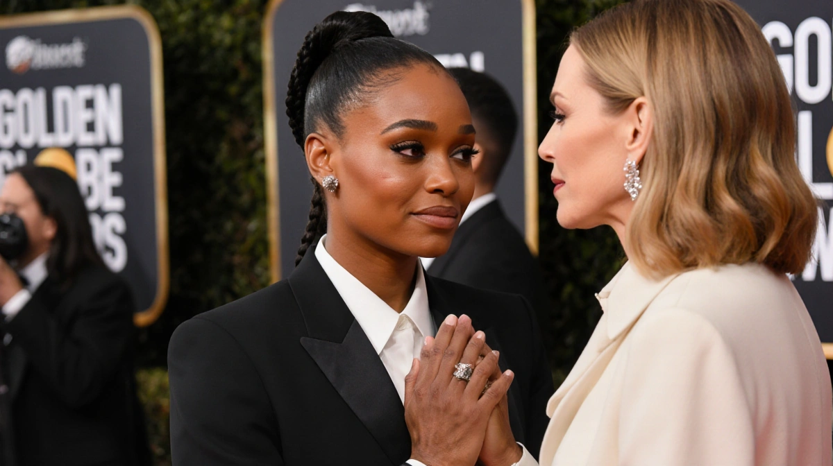 Teyana Taylor stands on the Golden Globes red carpet with tears in her eyes as Julia Roberts reaches out to comfort her