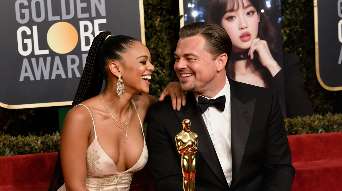 Teyana Taylor and Leonardo DiCaprio laughing together with Golden Globes trophy between them and K-pop posters behind