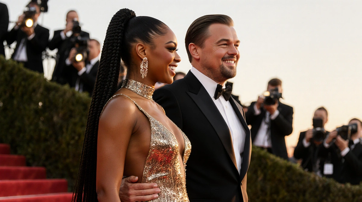 Teyana Taylor and Leonardo DiCaprio chatting on the Golden Globes red carpet with glamorous outfits and excited fans behind t