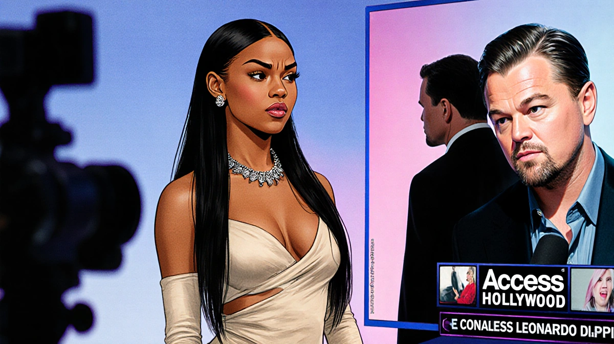 Teyana Taylor poses in glamorous outfit with Leonardo DiCaprio blurred behind her and Access Hollywood broadcast playing on s