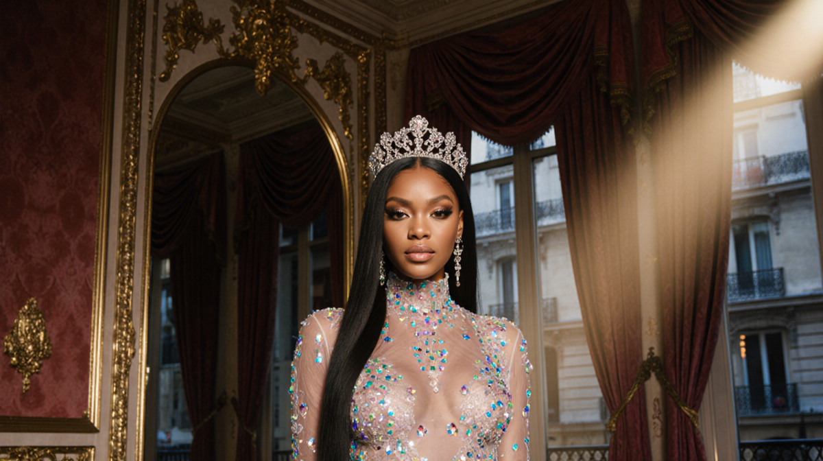 Teyana Taylor stands with crystal tiara and iridescent lace gown and spotlight on her face during Paris Fashion Week.