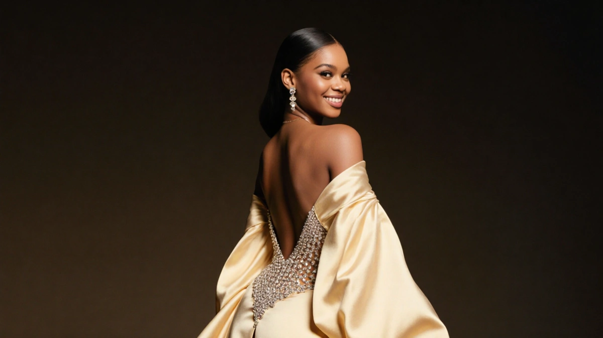 Teyana Taylor posing confidently in a diamond-encrusted Schiaparelli gown with flowing train and golden lighting highlighting