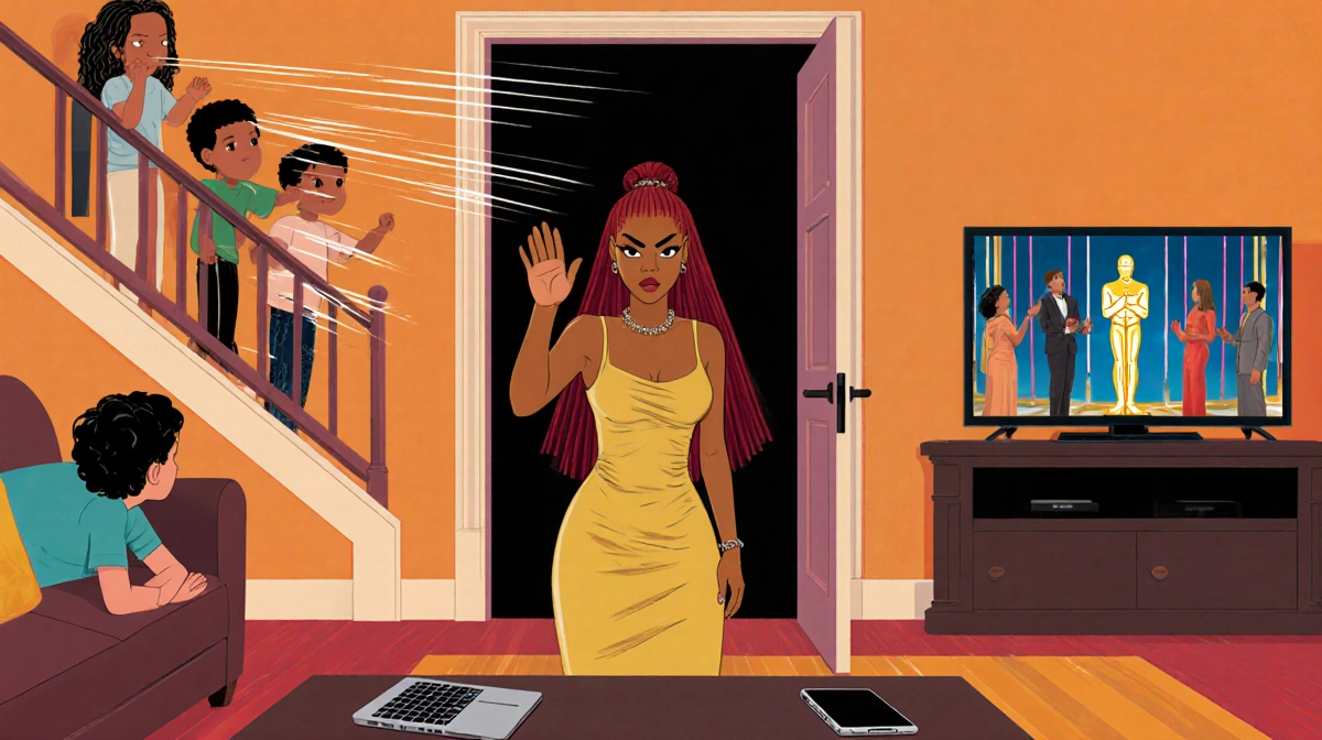 Teyana Taylor silencing upstairs kids with Golden Globes playing on devices and Hollywood-style living room behind
