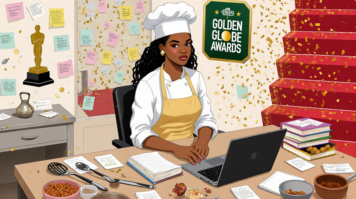Teyana Taylor typing on laptop with chef hat and textbooks showing her balancing student life and celebrity lifestyle