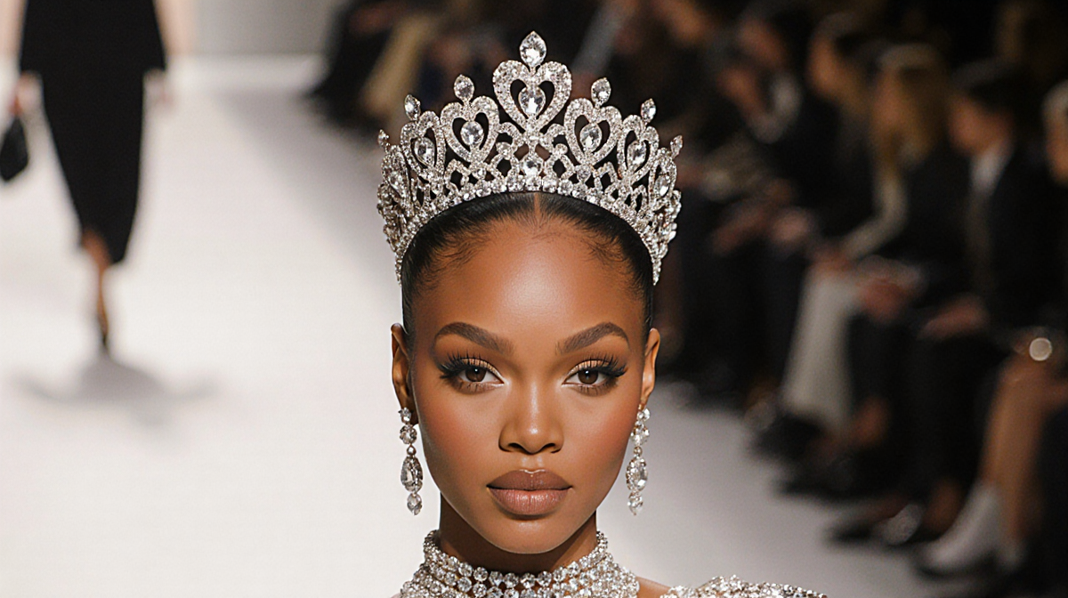 Teyana Taylor wearing a dazzling tiara with jewel detail and subtle lighting at Paris Fashion Week.