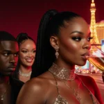 Teyana Taylor sipping champagne with Rihanna smiling behind her and Vegas lights glowing red