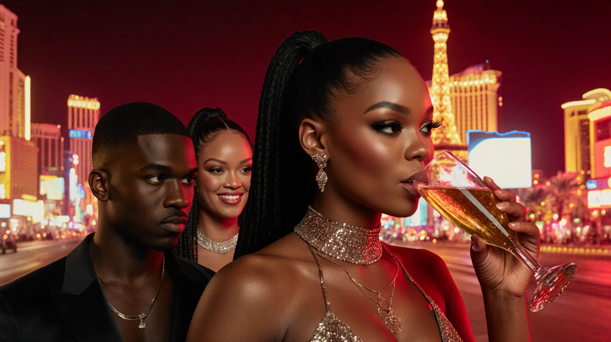 Teyana Taylor sipping champagne with Rihanna smiling behind her and Vegas lights glowing red