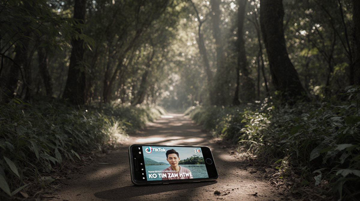 Smartphone lying on forest path showing TikTok video of Ko Tin Zaw Htwe with muted jungle shadows and dim lighting.
