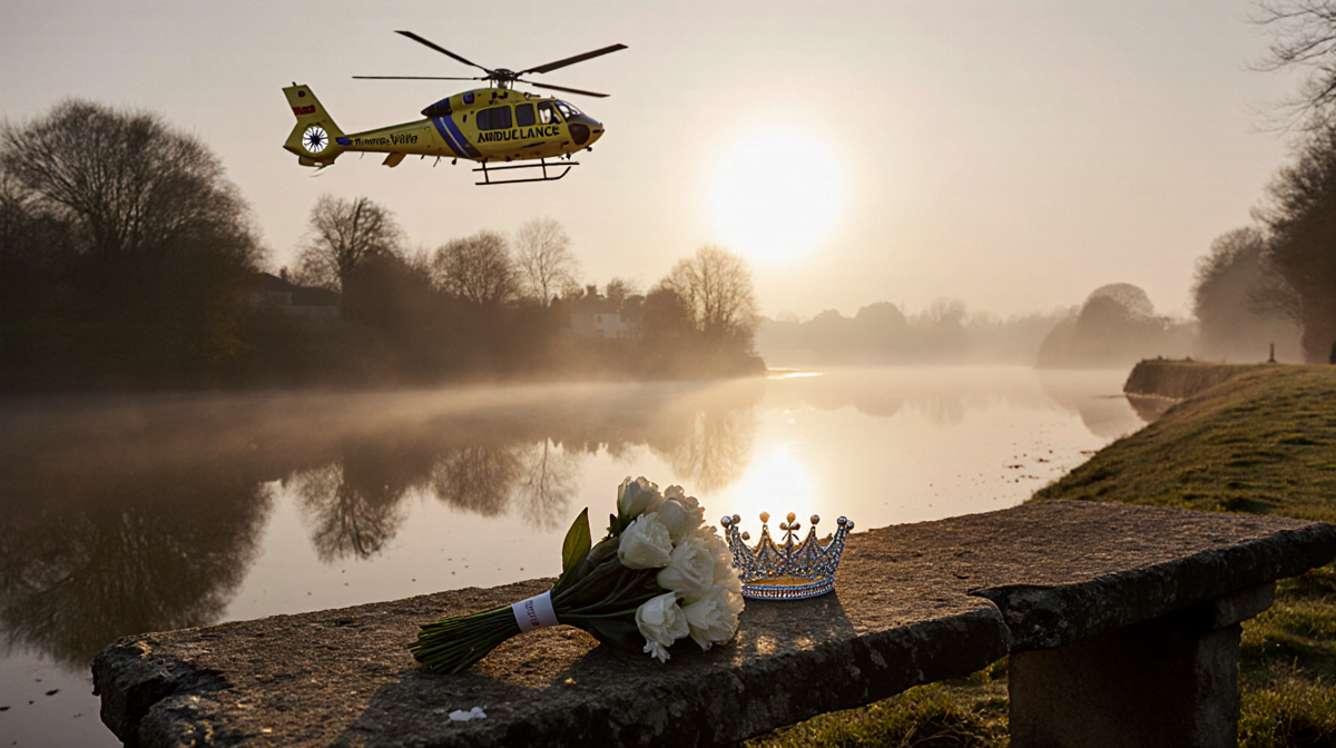 Helicopter hovering over riverbank with golden sunset reflection and memorial bouquet on bench.